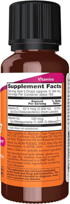 NOW Foods Vitamina D3 y K2 Líquido - 2500 UI D3 + 100 mcg K2 por 5 gotas - 30 ml