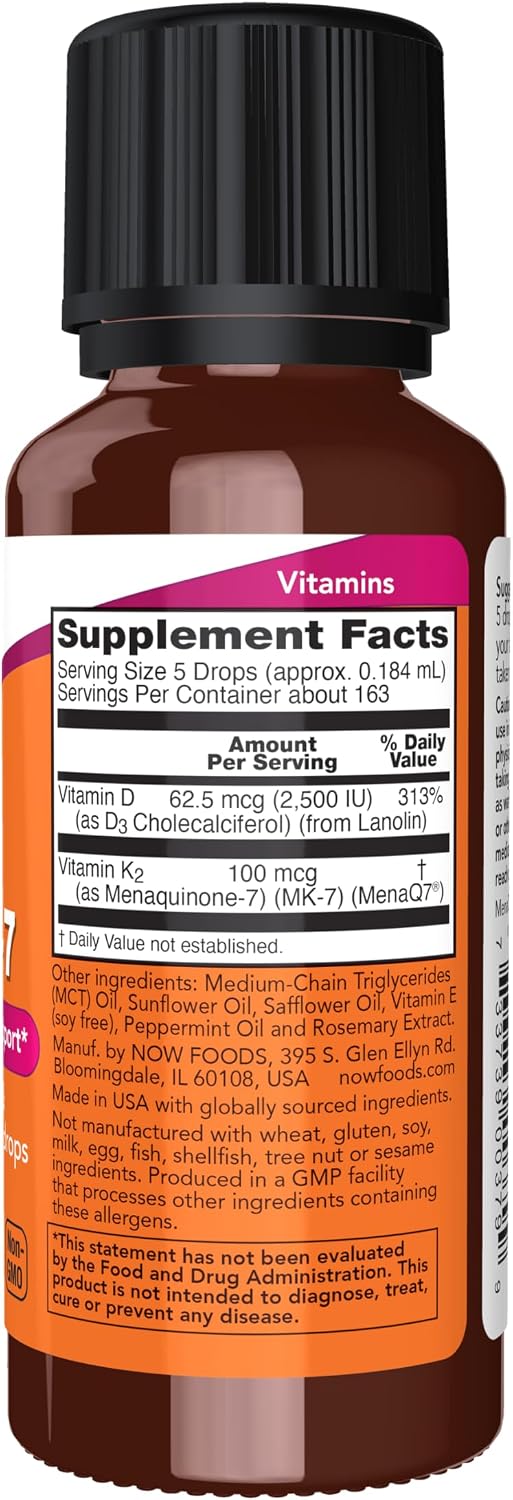 NOW Foods Vitamina D3 y K2 Líquido - 2500 UI D3 + 100 mcg K2 por 5 gotas - 30 ml