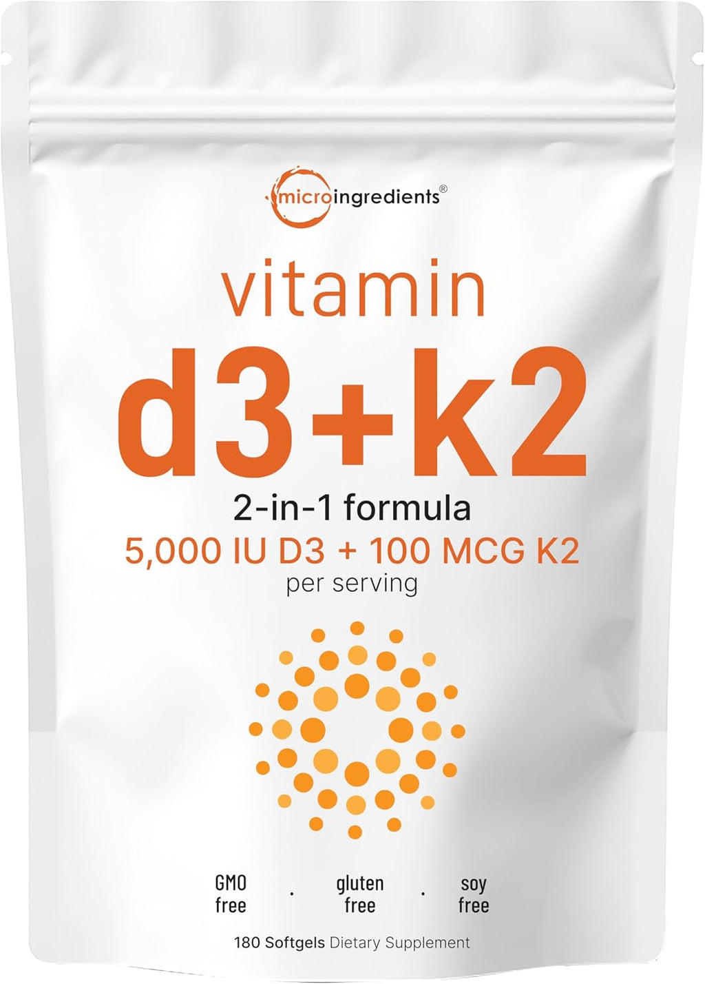 Micro Ingredients Vitamina D3 5,000 UI + K2 MK-7 100 mcg, 180 Cápsulas Blandas