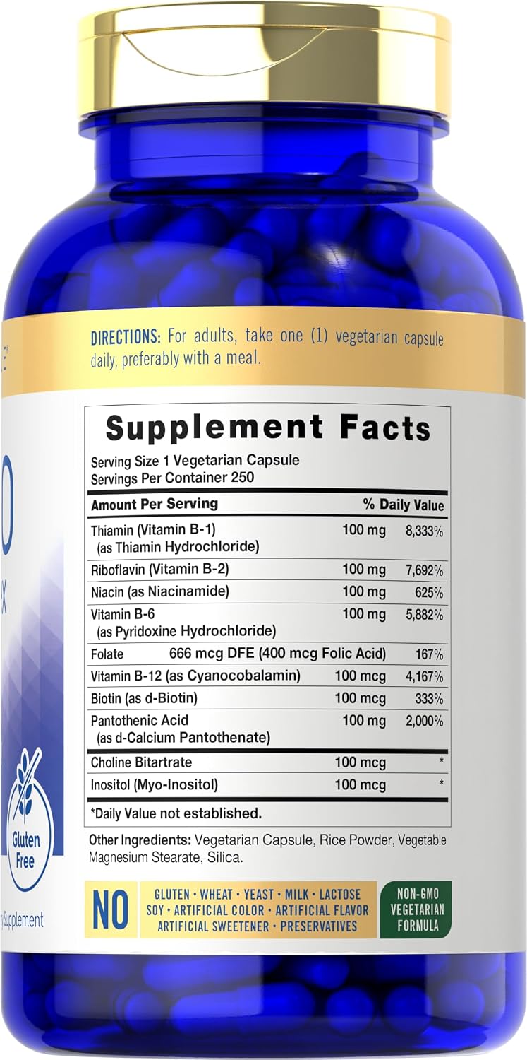 Carlyle Complejo B-100, 250 Cápsulas - Vitaminas B1, B2, B3, B6, B12, Biotina, Ácido Fólico e Inositol