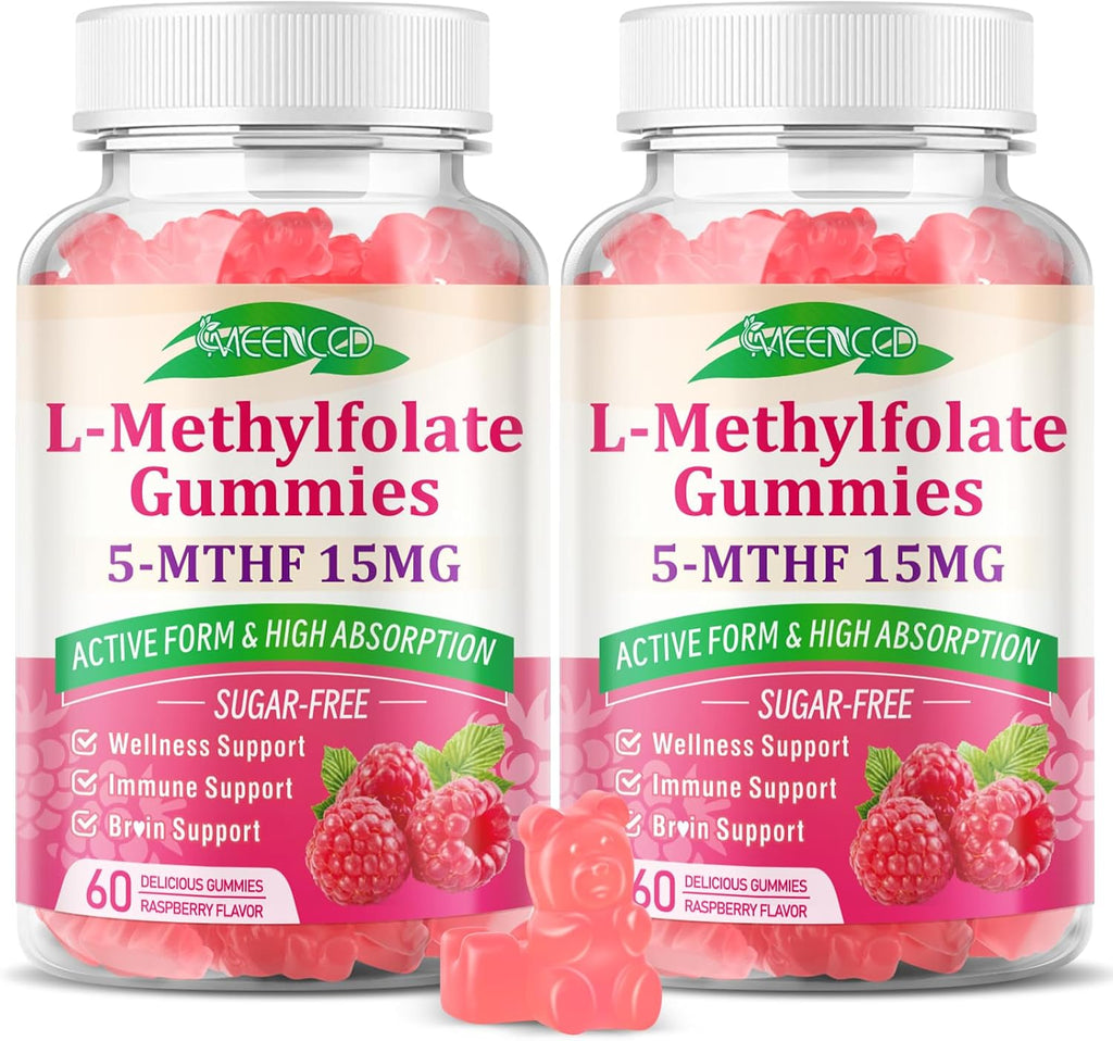 MEENCCD 2 Pack L-Methylfolate Gummies, Methylfolate Supplement, 5-MTHF Supplement - Active 5-MTHF - Supports Overall Wellness, Vegan, Raspberry Flavor, 120 Count