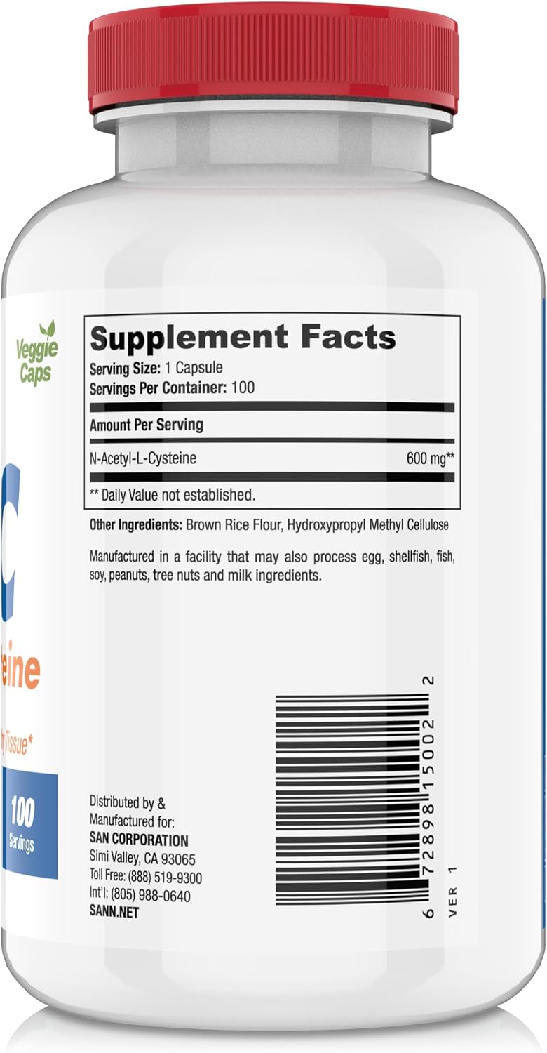 SAN N-Acetil-L-Cisteína (NAC), Salud Inmune, Respiratoria y Hepática, NAC 600 mg, Potente Apoyo Antioxidante, Radicales Libres, Fácil Absorción, 100 Cápsulas