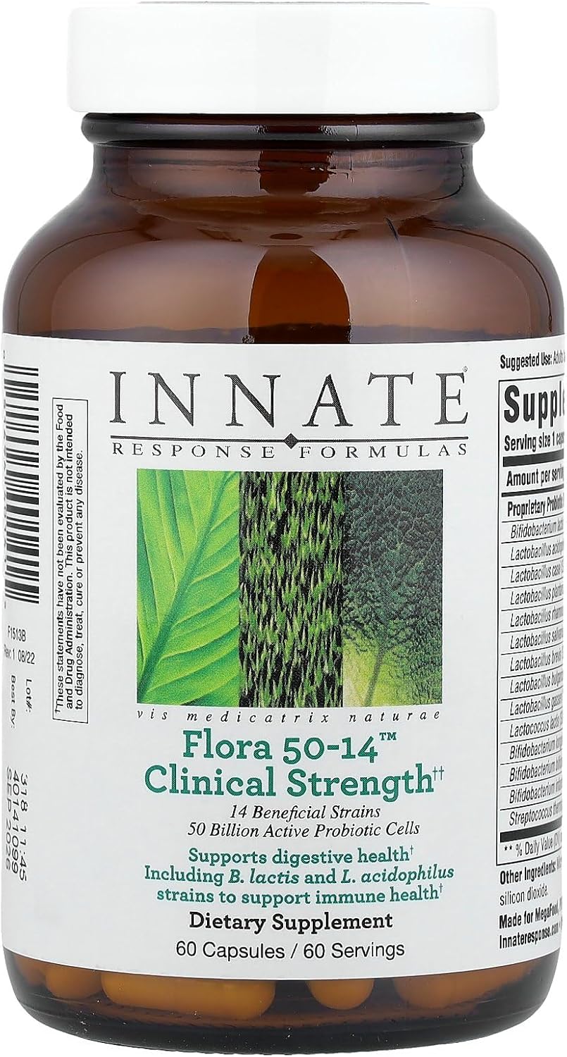 INNATE Response Formulas Flora 50-14 Clinical Strength, Probiótico de 50 Mil Millones UFC, Salud Digestiva e Inmunológica, 60 Cápsulas