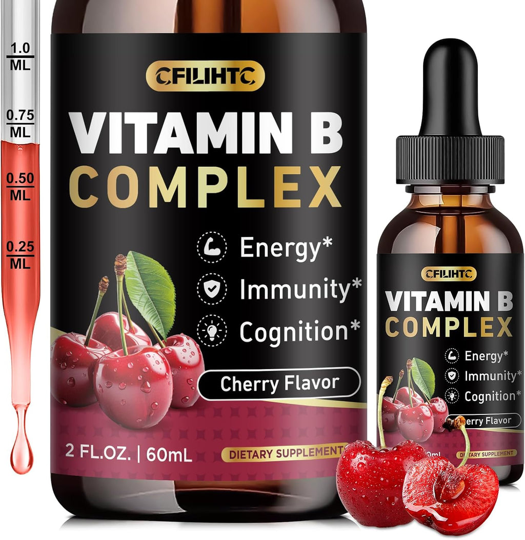 CFILIHTC Complejo B en Gotas Líquidas, Suplemento de Vitaminas B con B1, B2, B3, B5, B6, B7, B9 y Metil B12, Vegano, Sabor Cereza