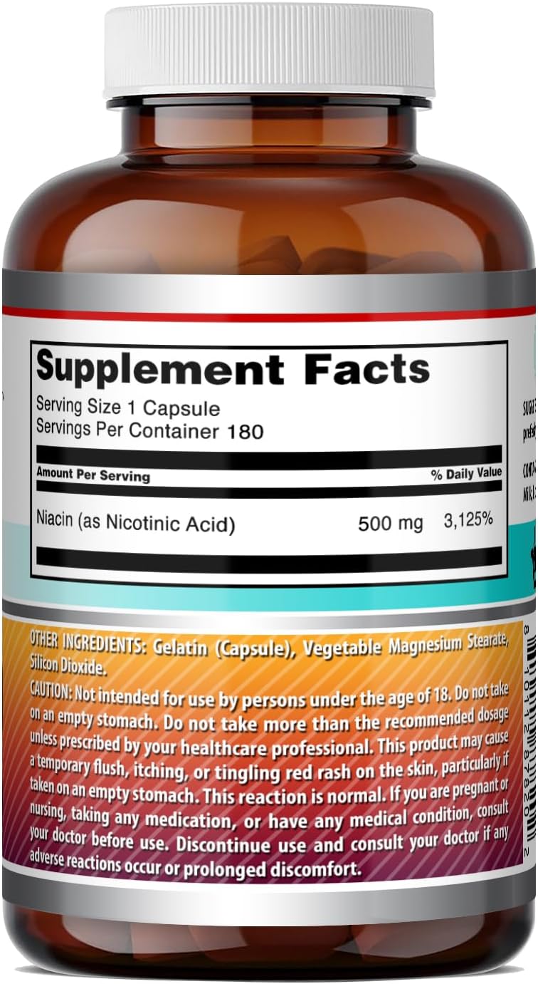 Amazing Formulas Niacina (Vitamina B3) 500 mg, 180 Cápsulas - No-GMO, Sin Gluten