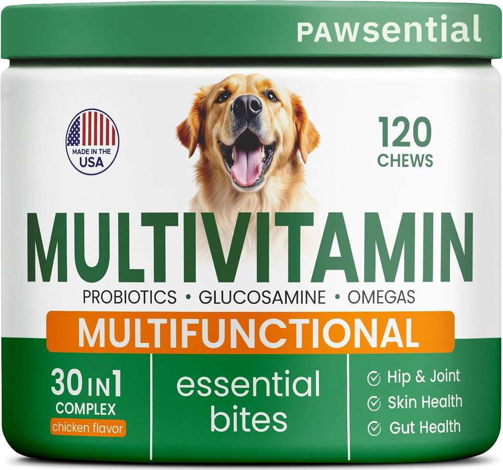 Pawsential Dog Vitamins + Glucosamine - Chewable Multivitamins + Probiotics, Omega - Hip & Joint Support, Skin & Coat, Gut Health - Adult & Senior - Large & Small Breed - 120 Chews