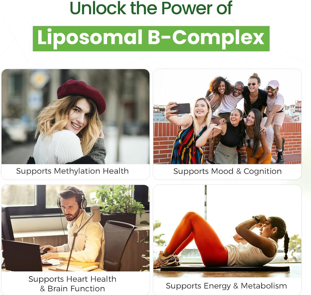 Liposomal B Complex for High Absorption Methylated B12, L-Methylfolate (5-MTHF), Full Active B Vitamins with Choline Inositol - Energy, Metabolism, Brain & Heart Support, Vegan, Non-GMO, 3 Month Supply