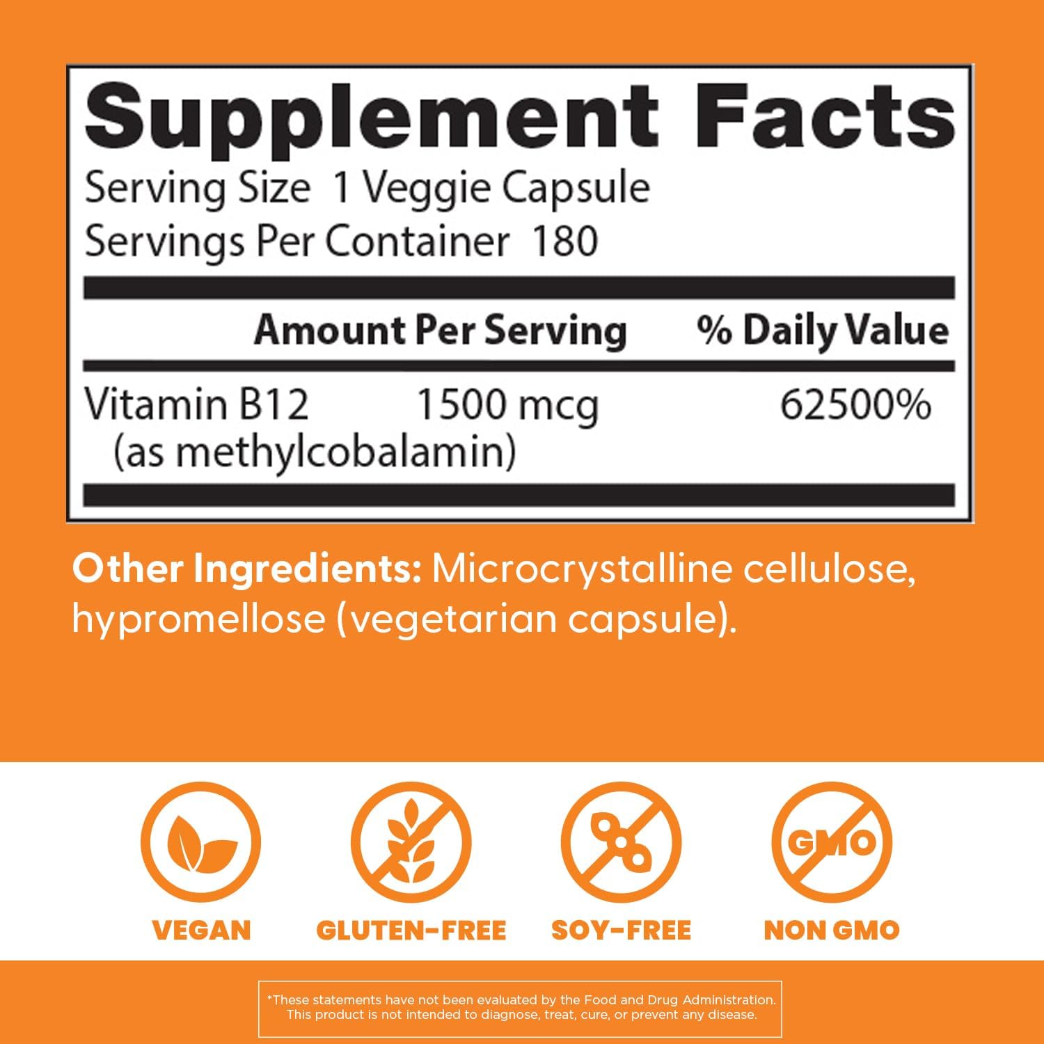 Doctor's Best Vitamina B12 Metilcobalamina 1500 mcg, 180 Cápsulas Veganas