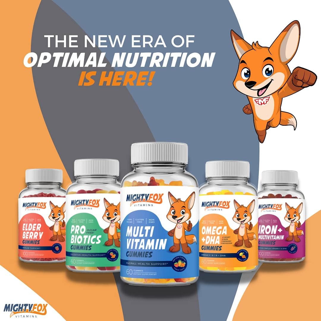 Mighty Fox Vitamins Multivitamínico en Gominolas para Niños - Sin OGM, Sin Gluten, Vegano (100 Gominolas, Paquete de 2)