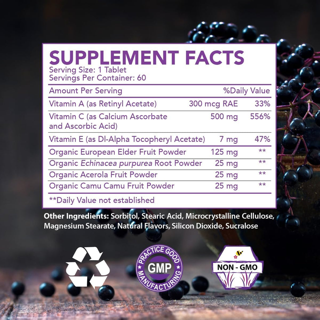 Elderberry Queen Chewable Vitamin C 500mg - Immune Boost & Antioxidant Support Tablets with Vitamin A, E & Organic Echinacea, Elder Fruit, Acerola - Natural Dietary Supplement, 60 Count