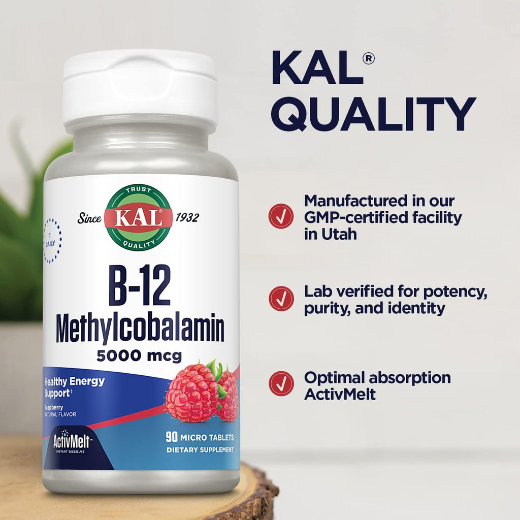 KAL Vitamina B12 Metilcobalamina 5000 mcg, Comprimidos sublinguales ActivMelts, Sabor natural a frambuesa, 90 unidades