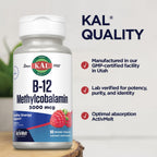 KAL Vitamina B12 Metilcobalamina 5000 mcg, Comprimidos sublinguales ActivMelts, Sabor natural a frambuesa, 90 unidades