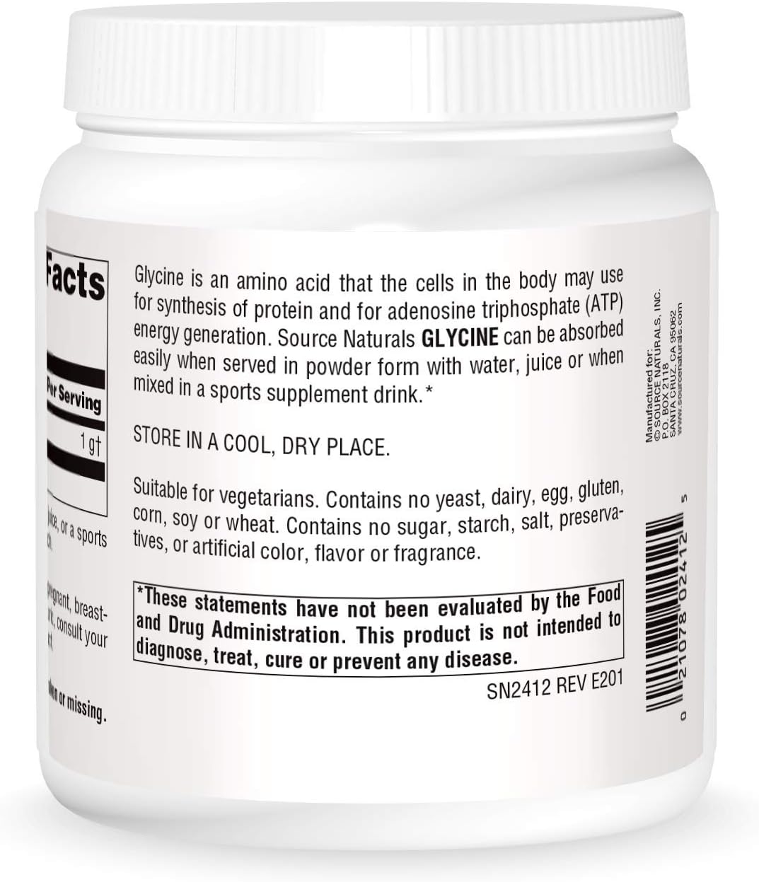 Glicina en polvo Source Naturals, 454 g