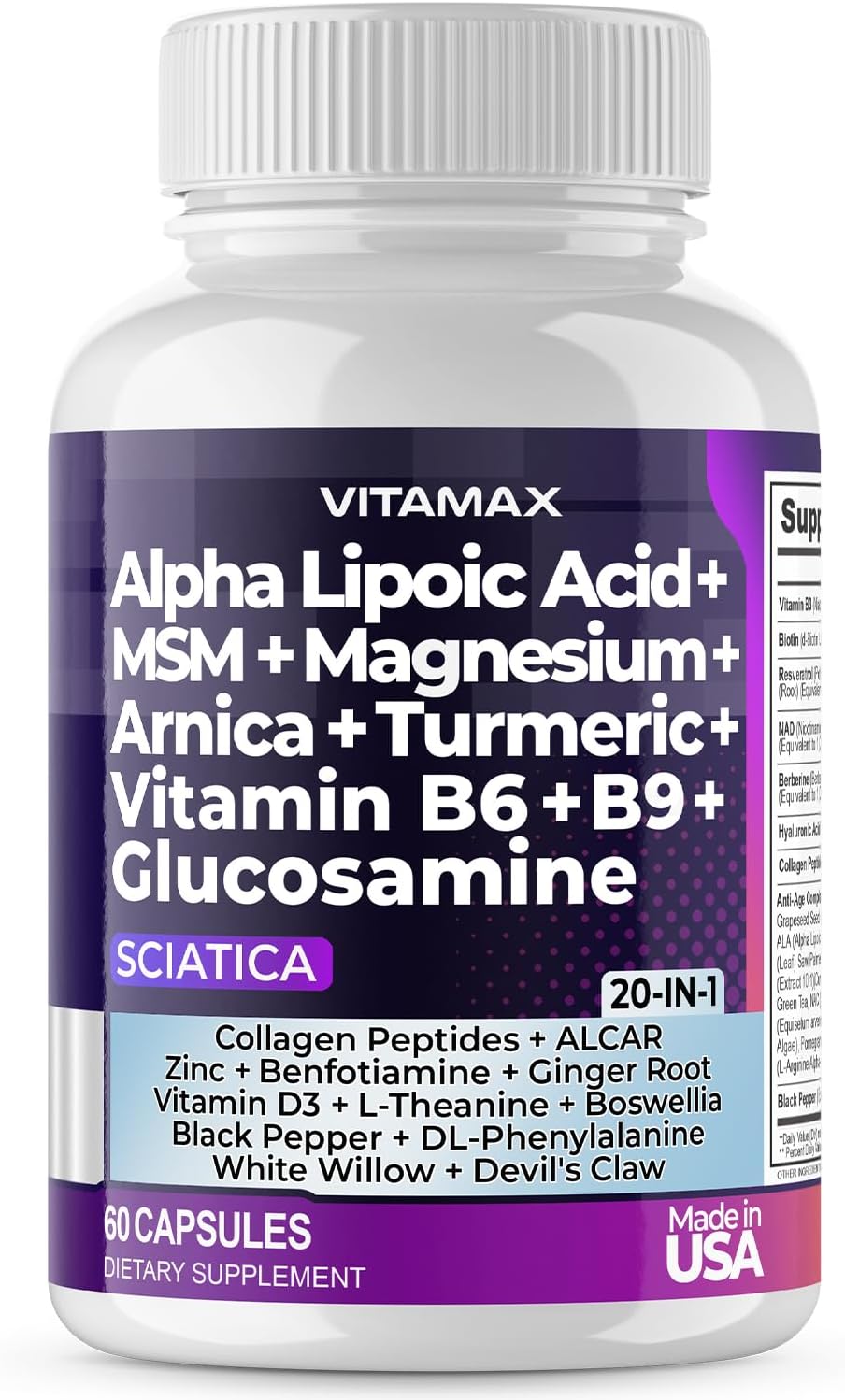 Nerve-Plus - Complemento para el nervio ciático con ácido fólico, guisante, glucosamina, MSM, complejo vitamínico B, ácido alfa lipoico 300 mg – 60 cápsulas