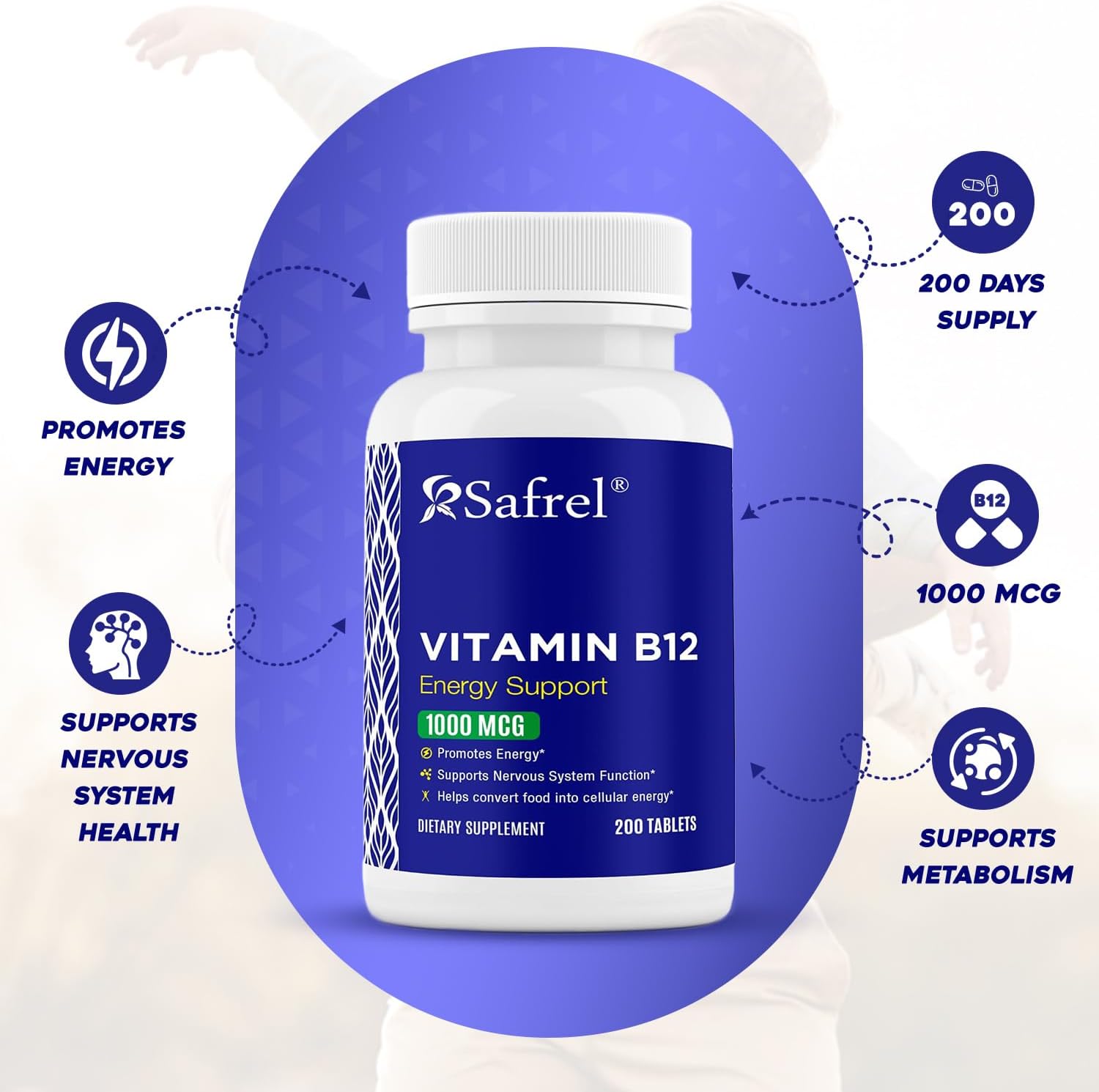 Safrel Vitamina B12 1000 mcg - 200 Comprimidos - Vegano, Sin Gluten, Sin Colorantes