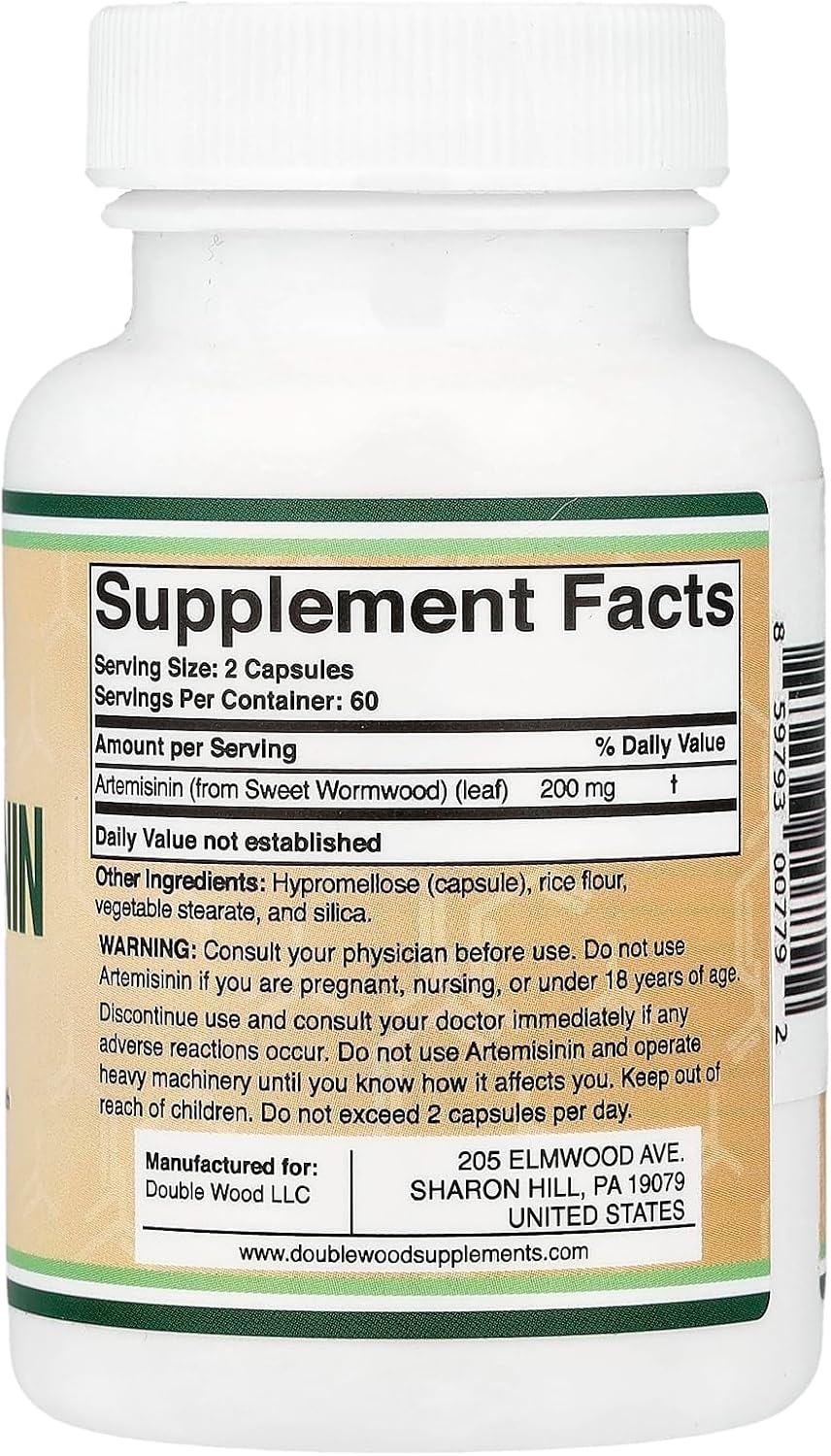 Artemisinina (Artemisia Annua) 200 mg, 120 Cápsulas – Vegano, Sin OGM, Sin Gluten – Double Wood Supplements