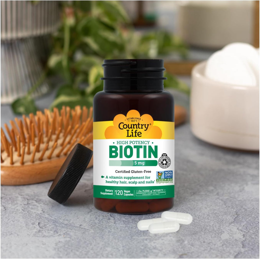 Country Life Biotina Alta Potencia 5 mg - 120 comprimidos - Sin gluten, vegano, sin OGM