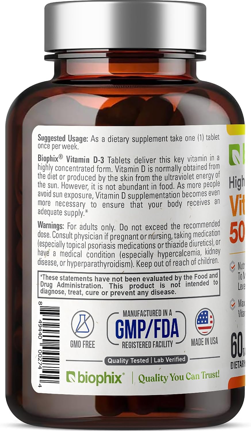 biophix Vitamina D3 50000 UI 60 Comprimidos - Alta Potencia para Huesos Fuertes y Salud Inmunológica