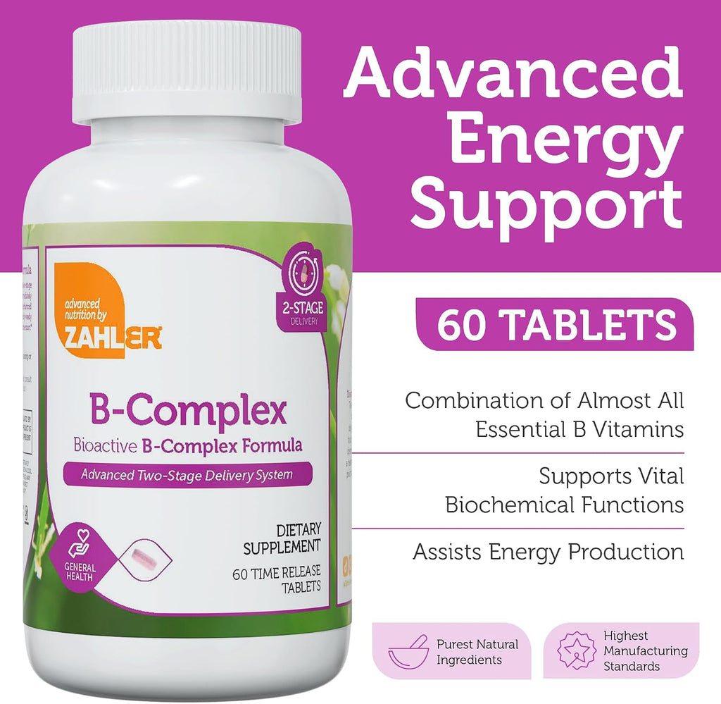 Zahler Complejo B - Vitaminas B1 B2 B3 B5 B6 B7 B9 B12 - Sistema de Liberación Avanzada en 2 Etapas - Sin Gluten Kosher No OGM (60 Comprimidos)