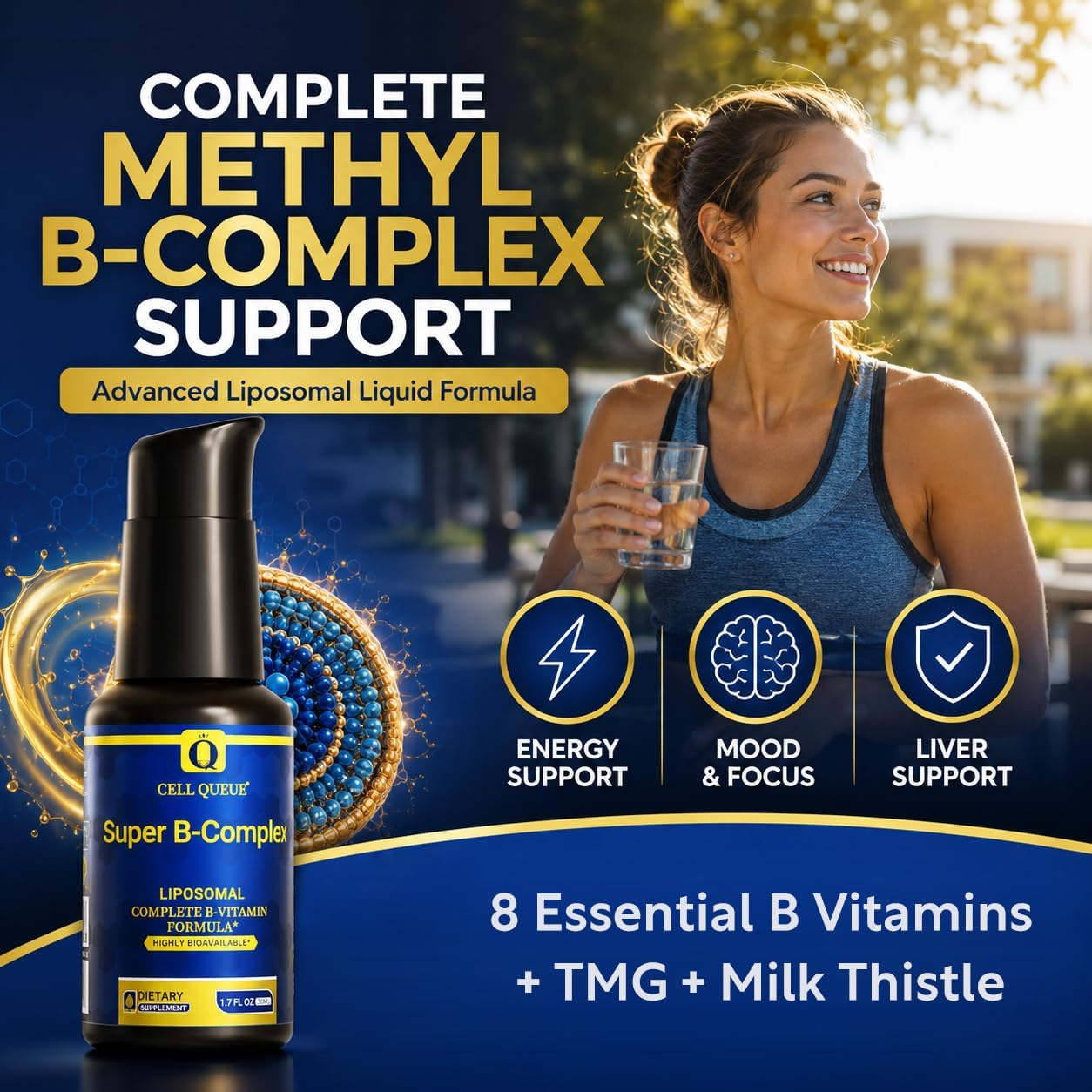 Cellqueue Complejo B Metilado Liposomal - Fórmula Activa de Vitaminas B con Metil B12, Folato, TMG y Cardo Mariano, Apoya la Energía, el Estado de Ánimo, la Cognición, el Sistema Nervioso y la Función Hepática, 50 ml