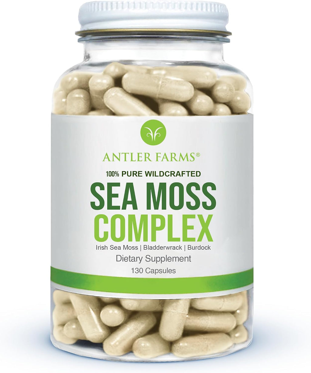 Antler Farms – Complejo de Musgo Marino Puro 130 Cápsulas – Musgo Irlandés Silvestre, Bladderwrack y Raíz de Bardana – Mezcla Potente para el Bienestar, Vegano, Sin Gluten, Soja ni Lácteos