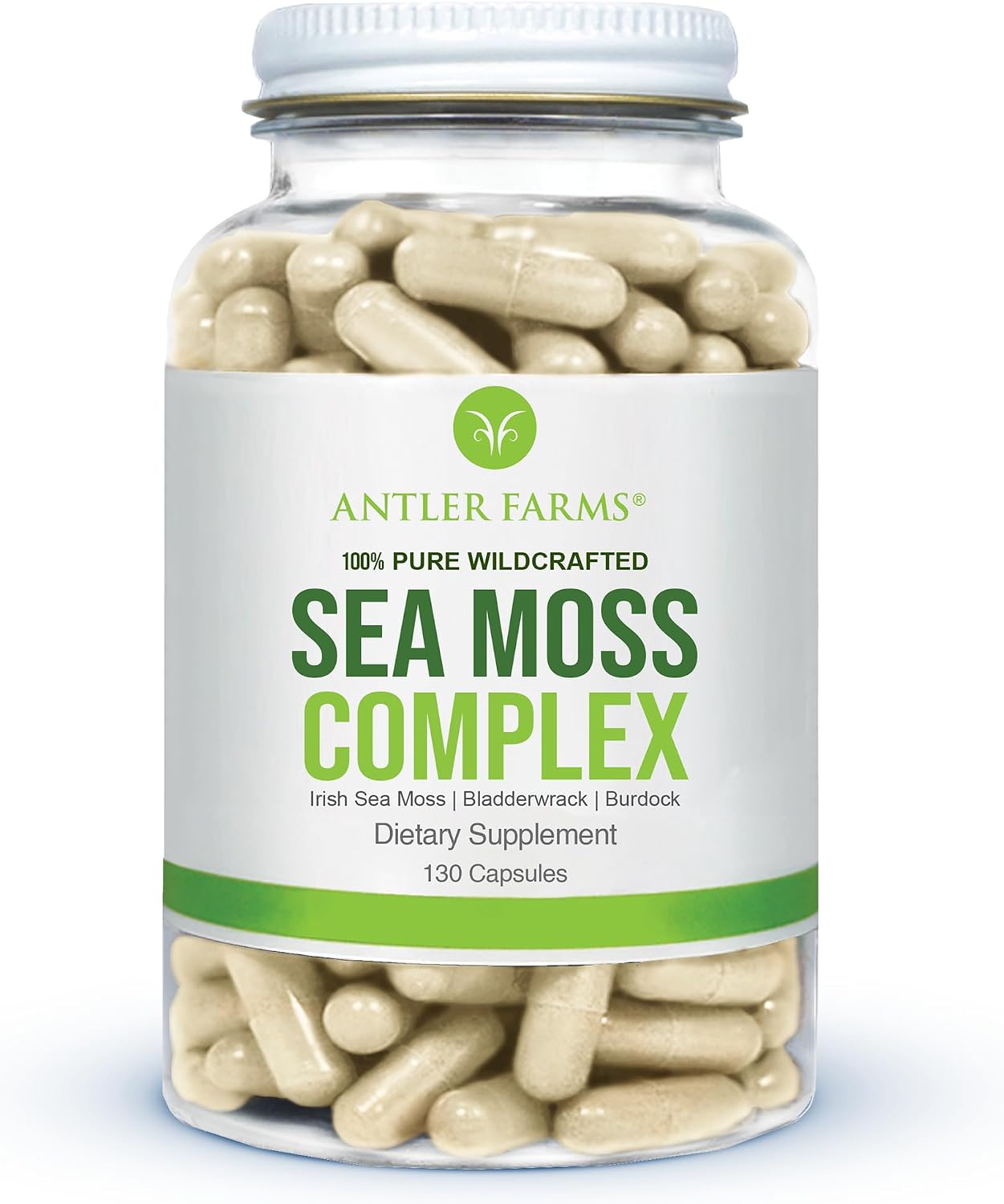 Antler Farms – Complejo de Musgo Marino Puro 130 Cápsulas – Musgo Irlandés Silvestre, Bladderwrack y Raíz de Bardana – Mezcla Potente para el Bienestar, Vegano, Sin Gluten, Soja ni Lácteos