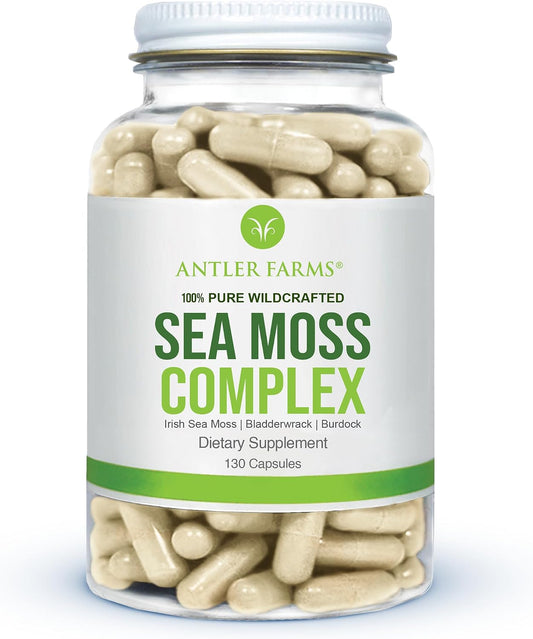 Antler Farms – Complejo de Musgo Marino Puro 130 Cápsulas – Musgo Irlandés Silvestre, Bladderwrack y Raíz de Bardana – Mezcla Potente para el Bienestar, Vegano, Sin Gluten, Soja ni Lácteos