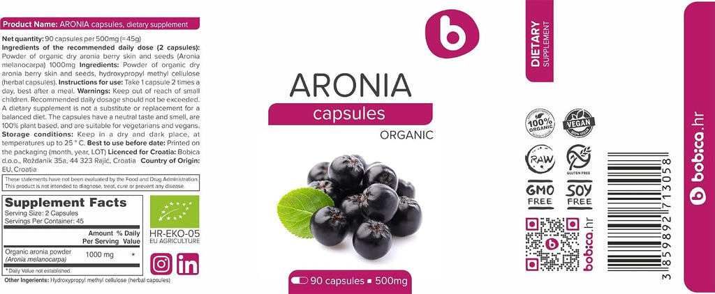 Cápsulas de Aronia Ecológica – Chokeberry Negro – 500 mg, 90 Cápsulas Veganas