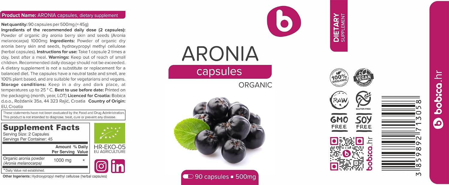Cápsulas de Aronia Ecológica – Chokeberry Negro – 500 mg, 90 Cápsulas Veganas