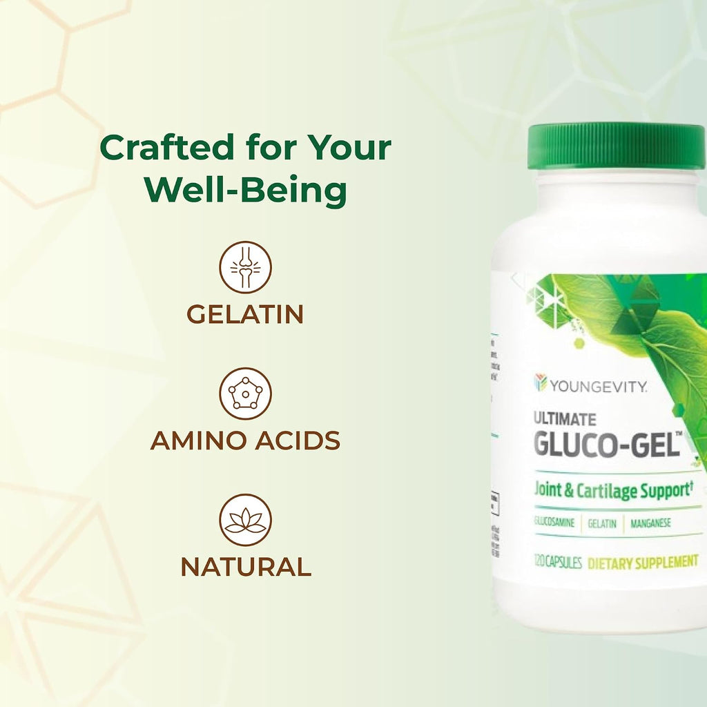Youngevity Ultimate Gluco-Gel - For Tendons, Bones & Cartilage | Contains Glucosamine, Gelatin & Manganese | 120 Capsules | 1 Bottle