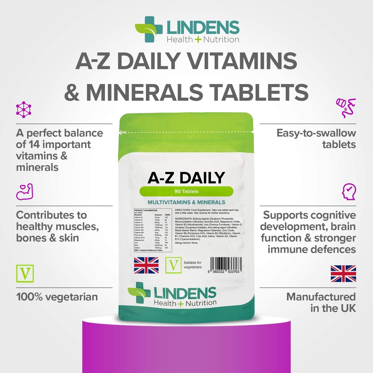 Multivitamínico A-Z Comprimidos diarios 90 Comprimidos de Lindens