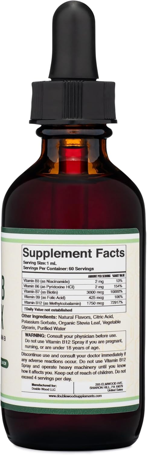 Double Wood Supplements Complejo B Líquido - 2 Meses de Suministro - Máxima Absorción - B3, B6, B7 (Biotina), B9 y Vitamina B12 - Sabor Cereza - 60 ml
