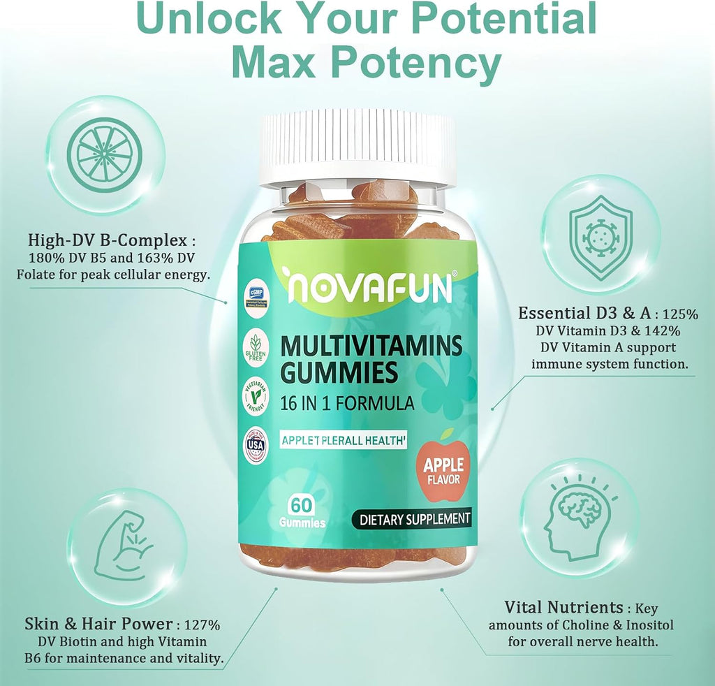 Novafun Multivitamin Gummies - 16 en 1, para Mujeres, Hombres y Niños, Vegano, Sin Azúcar, 60 Gominolas