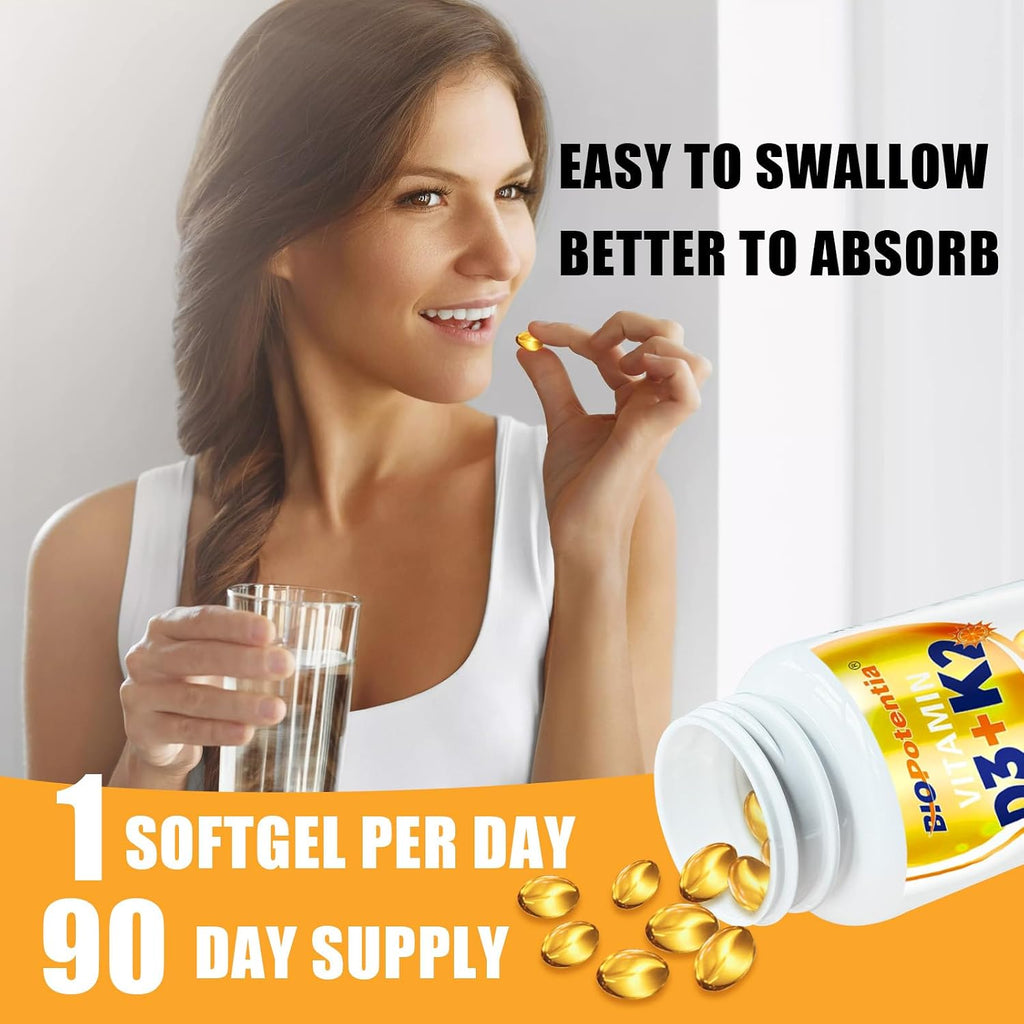 BIO POTENTIA Vitamina D3 K2 con MCT Oil, 5000 UI D3 y 100 mcg K2 (MK-7), 90 Cápsulas Blandas