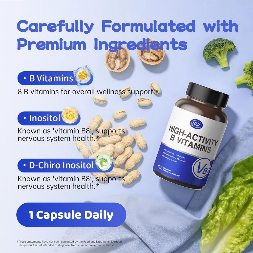 HUJ High-Activity B Vitamins - Complejo de 8 Vitaminas B con Inositol y D-Chiro Inositol - 60 Cápsulas
