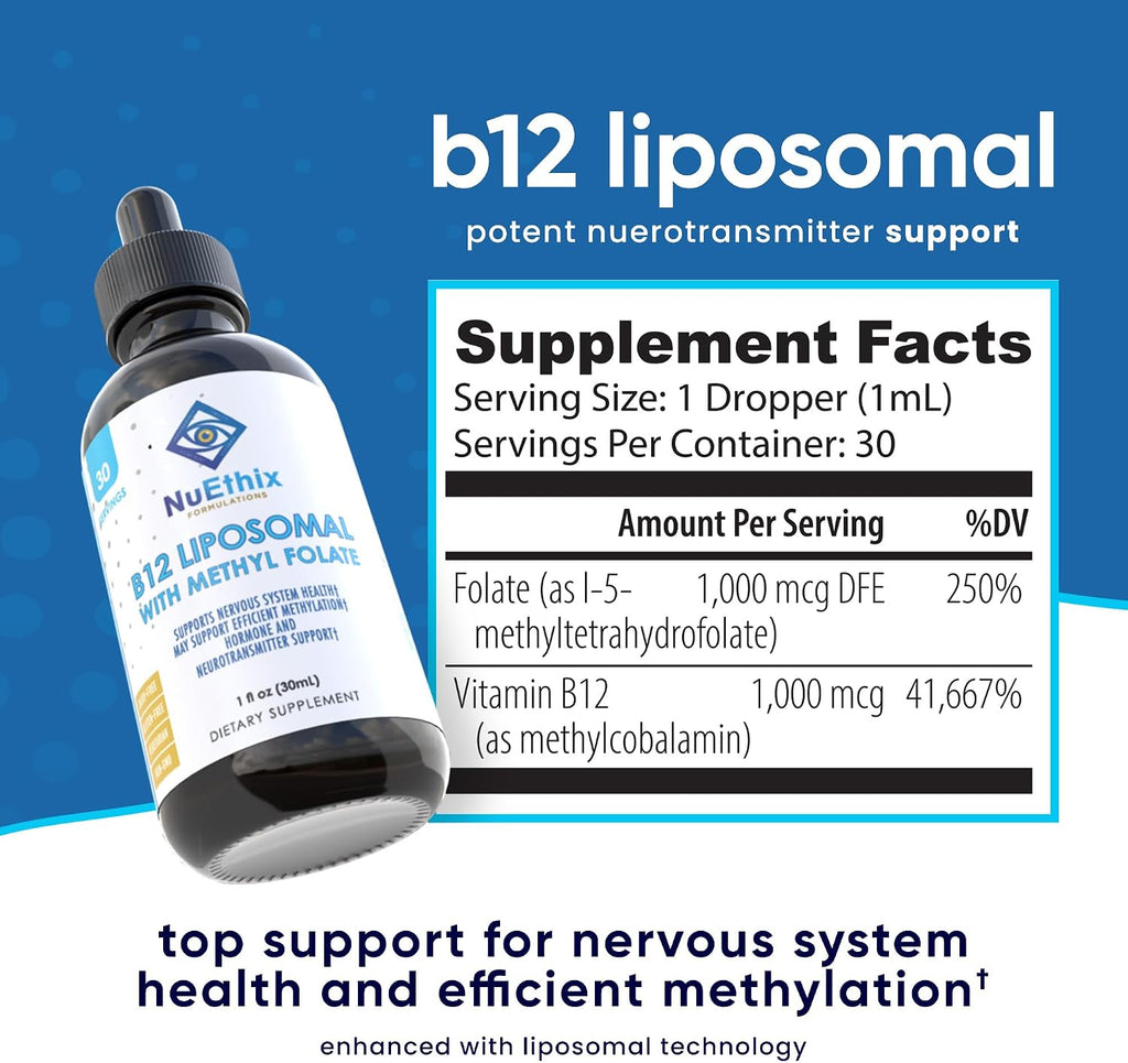 NuEthix Formulations B12 Liposomal con Metilfolato - Suplemento de Vitaminas B Bioactivas, 30 ml (30 dosis)