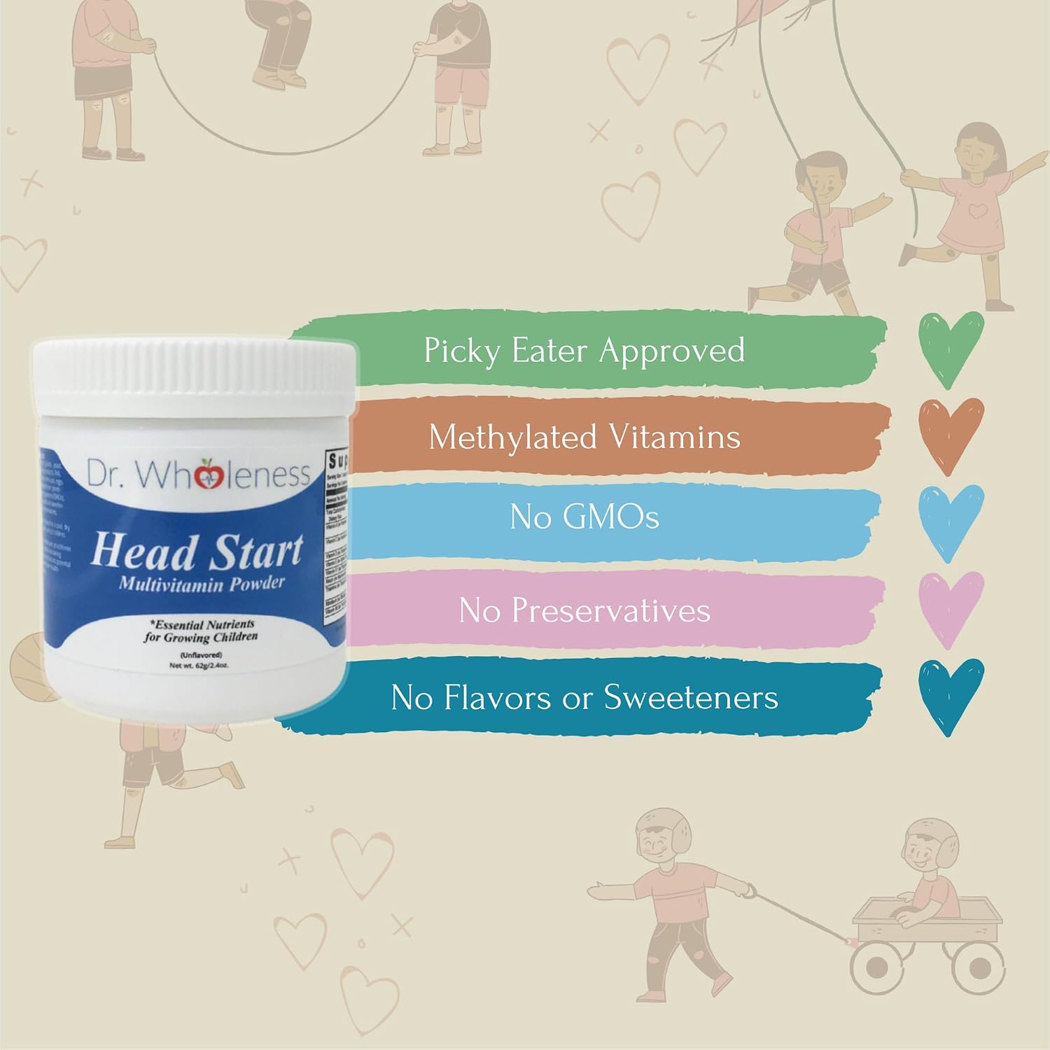 Dr. Wholeness Head Start Multivitamin Powder | Nutrientes esenciales para niños en crecimiento, vitaminas B metiladas, fácil de mezclar, sin sabores, edulcorantes ni conservantes | 60 dosis - 68 g