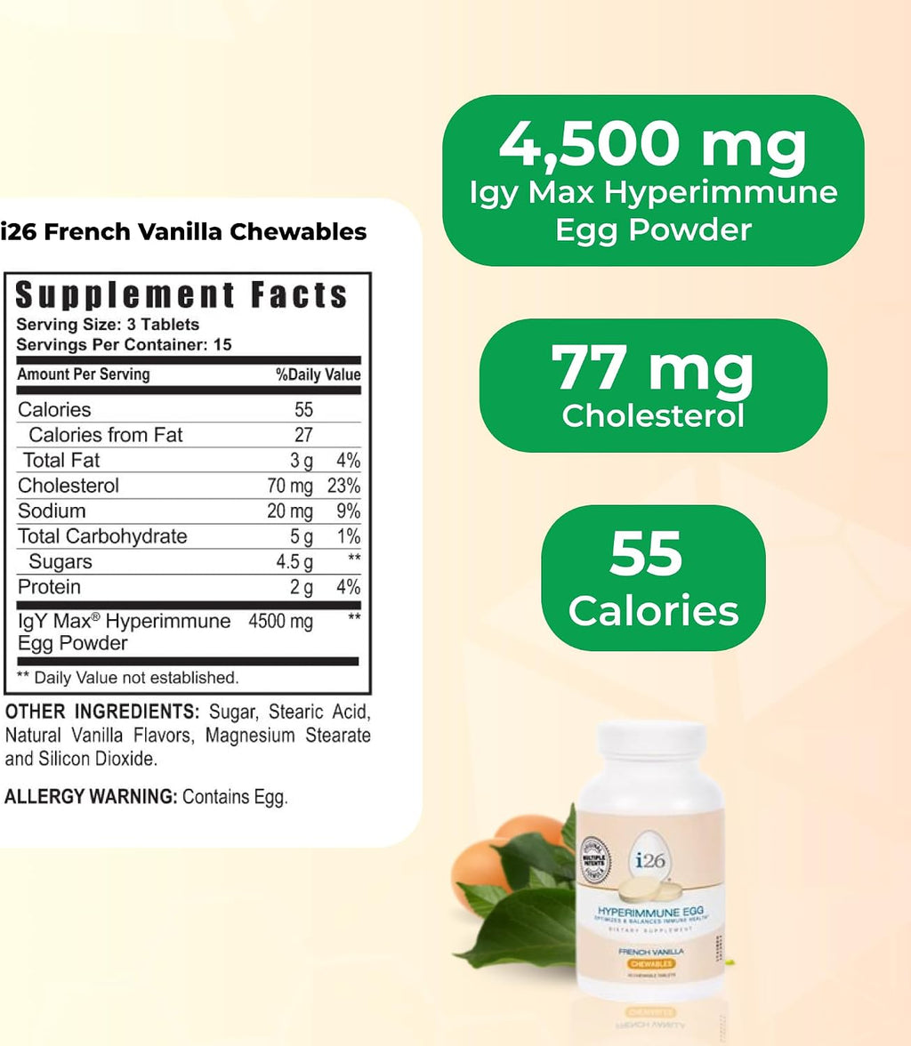 Youngevity i26 Hyperimmune Egg | IgY Max French Vanilla | 45 Comprimidos Masticables