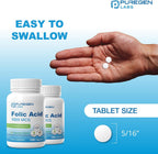 Puregen Labs Ácido Fólico 1000 mcg Comprimidos | Vitamina B9 | No GMO | Sin Gluten | Tamaño Económico 1000 Comprimidos