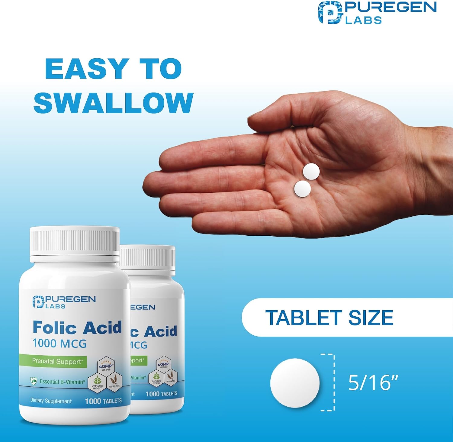 Puregen Labs Ácido Fólico 1000 mcg Comprimidos | Vitamina B9 | No GMO | Sin Gluten | Tamaño Económico 1000 Comprimidos