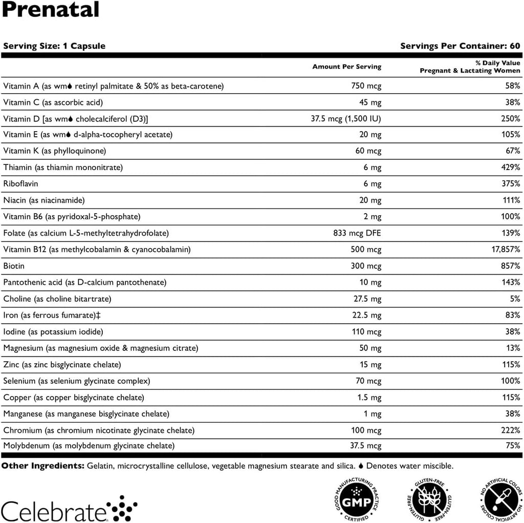 Celebrate Vitamins Multivitamínico Prenatal Bariátrico con Folato, Hierro, Yodo y Colina - 60 Cápsulas