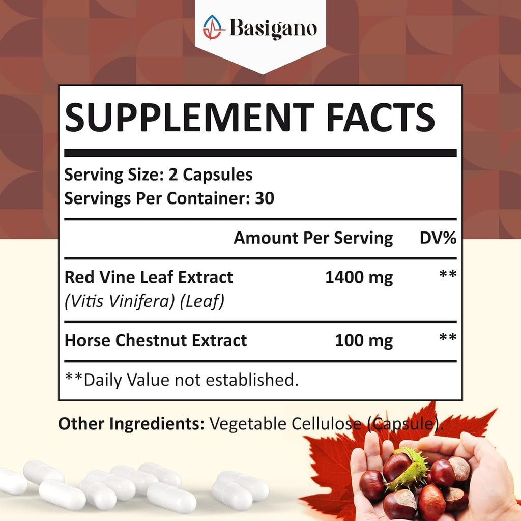 Basigano Extracto de Hoja de Vid Roja y Castaño de Indias 1500mg - 60 Cápsulas