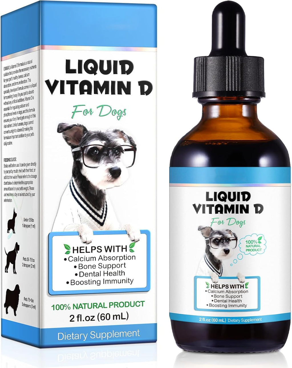 Vitamina D para Perros, Gotas Líquidas de Vitamina D para Perros, Vitaminas D para Perros Promueven la Absorción de Calcio, Apoya el Sistema Inmunitario, Salud de Caderas y Articulaciones y Salud Dental, Suplemento Multivitamínico para Perros
