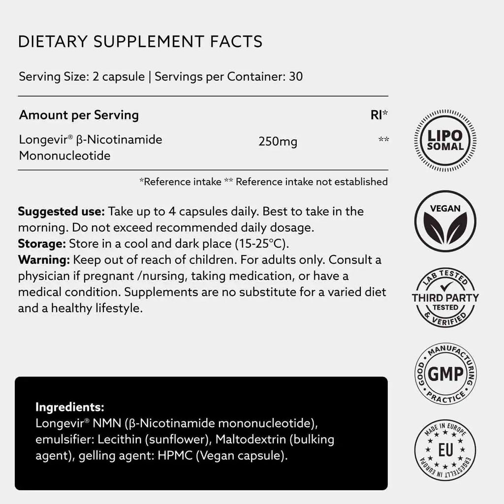 PUROVITALIS NMN Liposomal 250mg – Longevir Mononucleótido de Nicotinamida (60 Cápsulas Veganas)