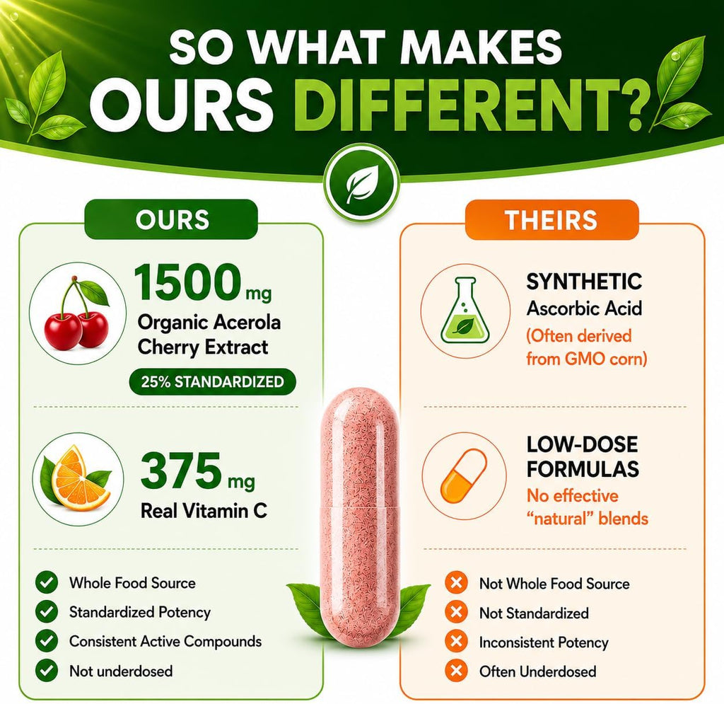 Vitamina C Natural de Acerola Orgánica - Alta Absorción - con Ajo, Jengibre y Bioflavonoides Cítricos - Apoyo al Sistema Inmunitario y Colágeno - Vitaminas para la Piel Antienvejecimiento