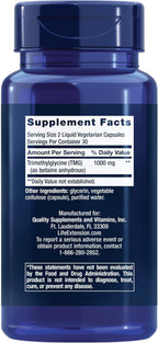 Life Extension TMG, Trimethylglycine, Promotes healthy homocysteine levels, Gluten-free, Vegetarian, 60 Capsules