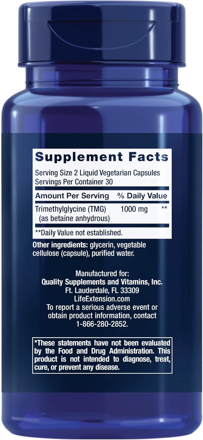 Life Extension TMG, Trimethylglycine, Promotes healthy homocysteine levels, Gluten-free, Vegetarian, 60 Capsules