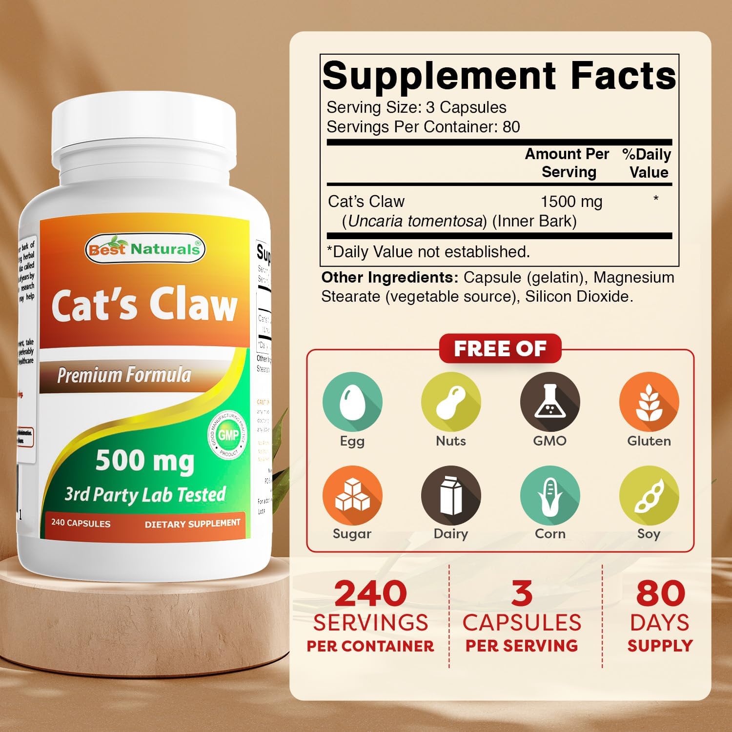 Best Naturals Uña de Gato 500 mg, 240 Cápsulas