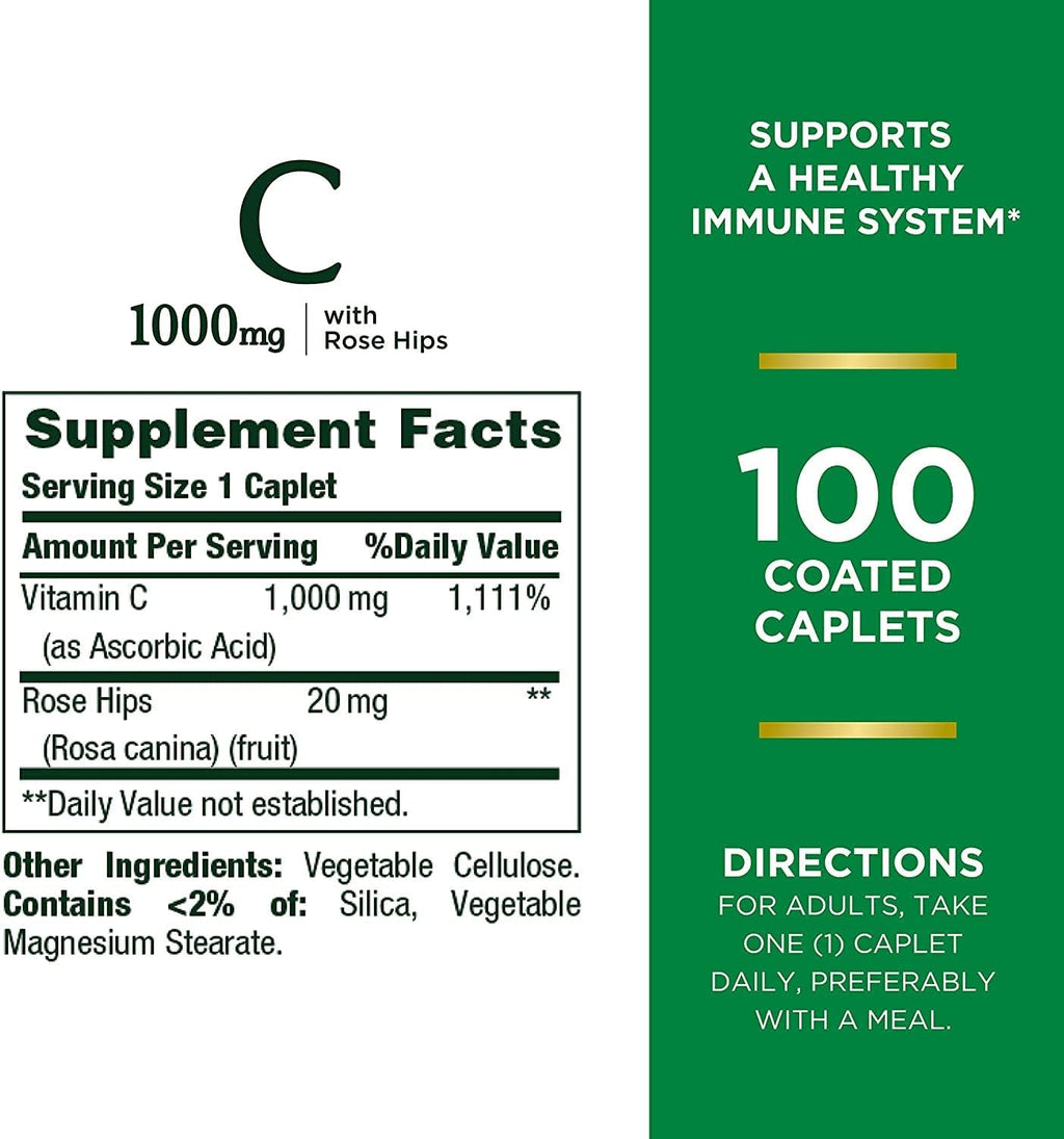 Nature's Bounty Vitamina C + Escaramujo, Apoyo Inmunológico, 1000 mg, Comprimidos Recubiertos, 100 Unidades - Paquete de 2