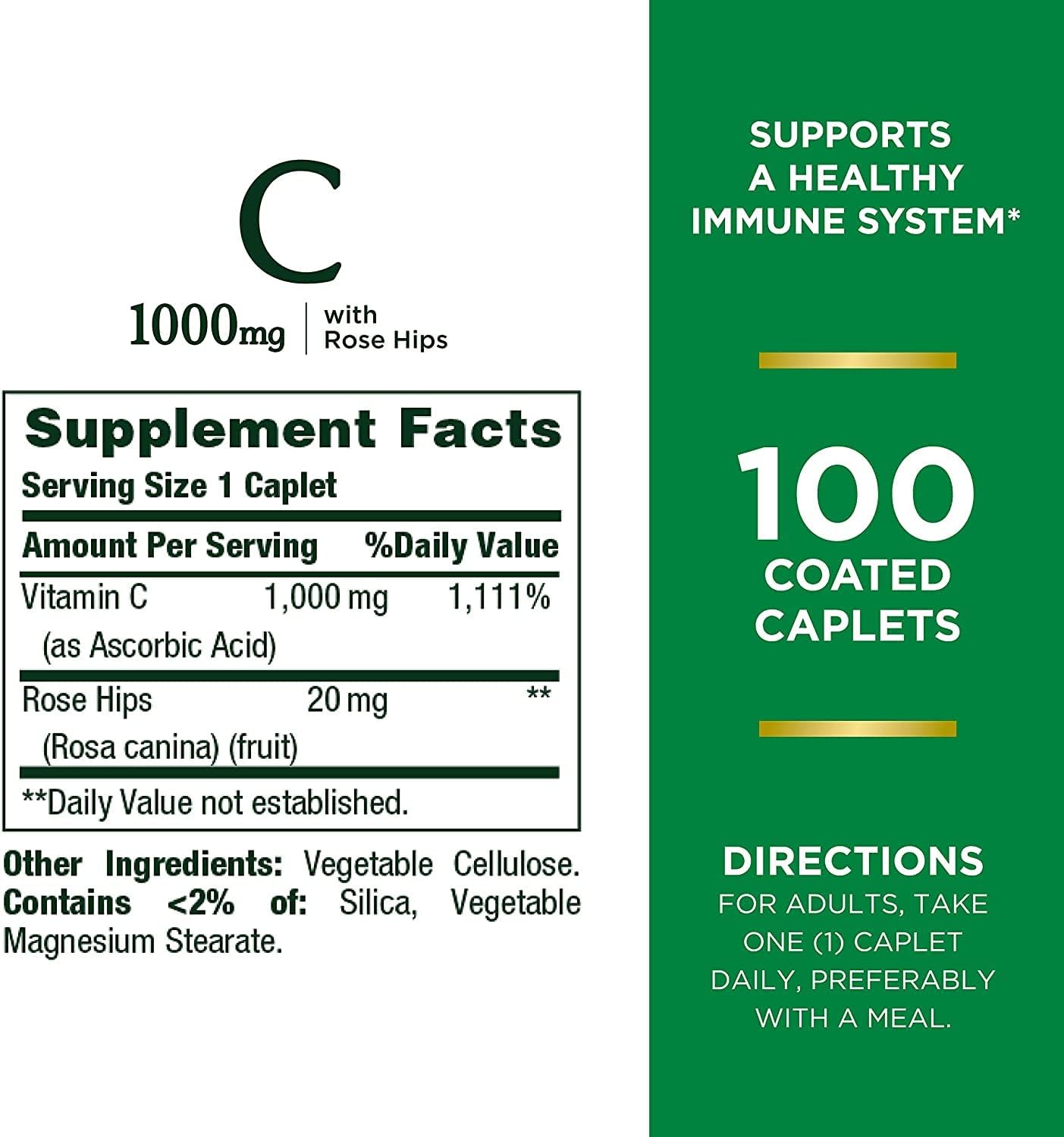 Nature's Bounty Vitamina C + Escaramujo, Apoyo Inmunológico, 1000 mg, Comprimidos Recubiertos, 100 Unidades - Paquete de 2
